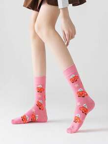1/4 par de calcetines divertidos con estampado de comida a media pantorrilla, patrón de pizza, galleta, pan, fresa y dibujos animados, calcetines versátiles y lindos para niñas - Multicolor - Ver 7