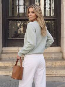 Nicenter Sweater Rajut Lengan Panjang Raglan Leher Bulat Wanita, Atasan Rajut Campuran Wol, Pakaian Musim Gugur Kasual Elegan Warna Mint, Pakaian Musim Dingin untuk Perjalanan Sehari-hari dan Pesta. - Baby Blue - View 2
