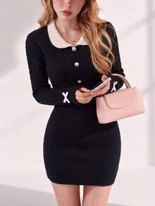 Gaun Sweater Pendek Lengan Panjang Rajut Terbaru untuk Wanita, Kerah Warna Kontras dan Detail Kancing, Sempurna untuk Menciptakan Tampilan Musim Dingin yang Langsing - Hitam - View 3