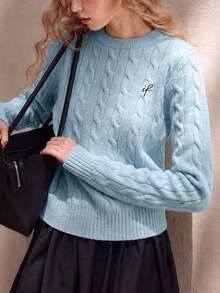 Women's Winter Casual Minimalist V-Neck Pullover Sweater With Retro Argyle Pattern - Baby Blue - View 5
