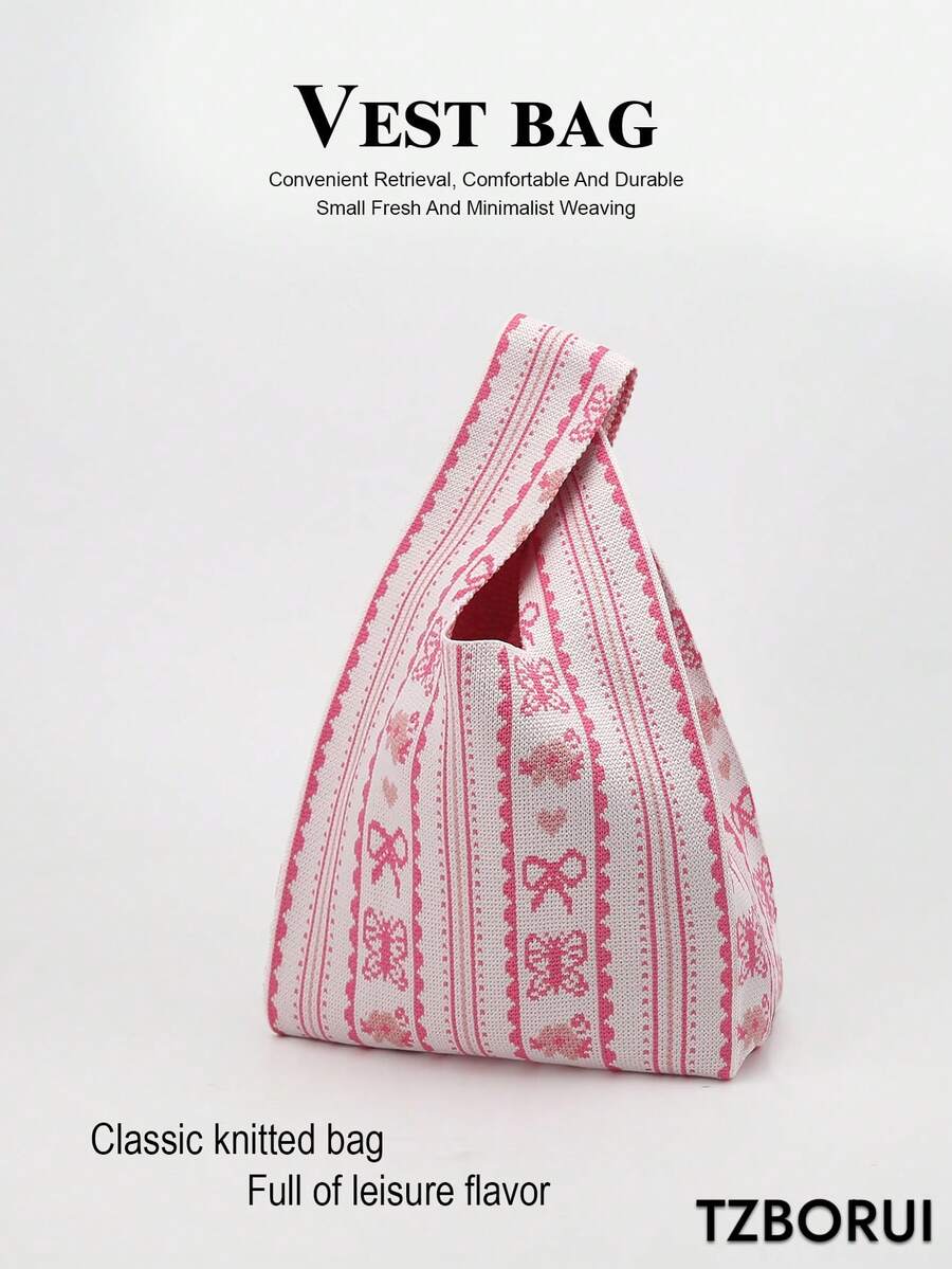 Mini Lightweight Foldable Cute Pink Resin Hollow Breathable Colorblock Knitted Handbag Wrist Bag Crochet Vacation Outfit Photo Student School Girls - Pink - View 1