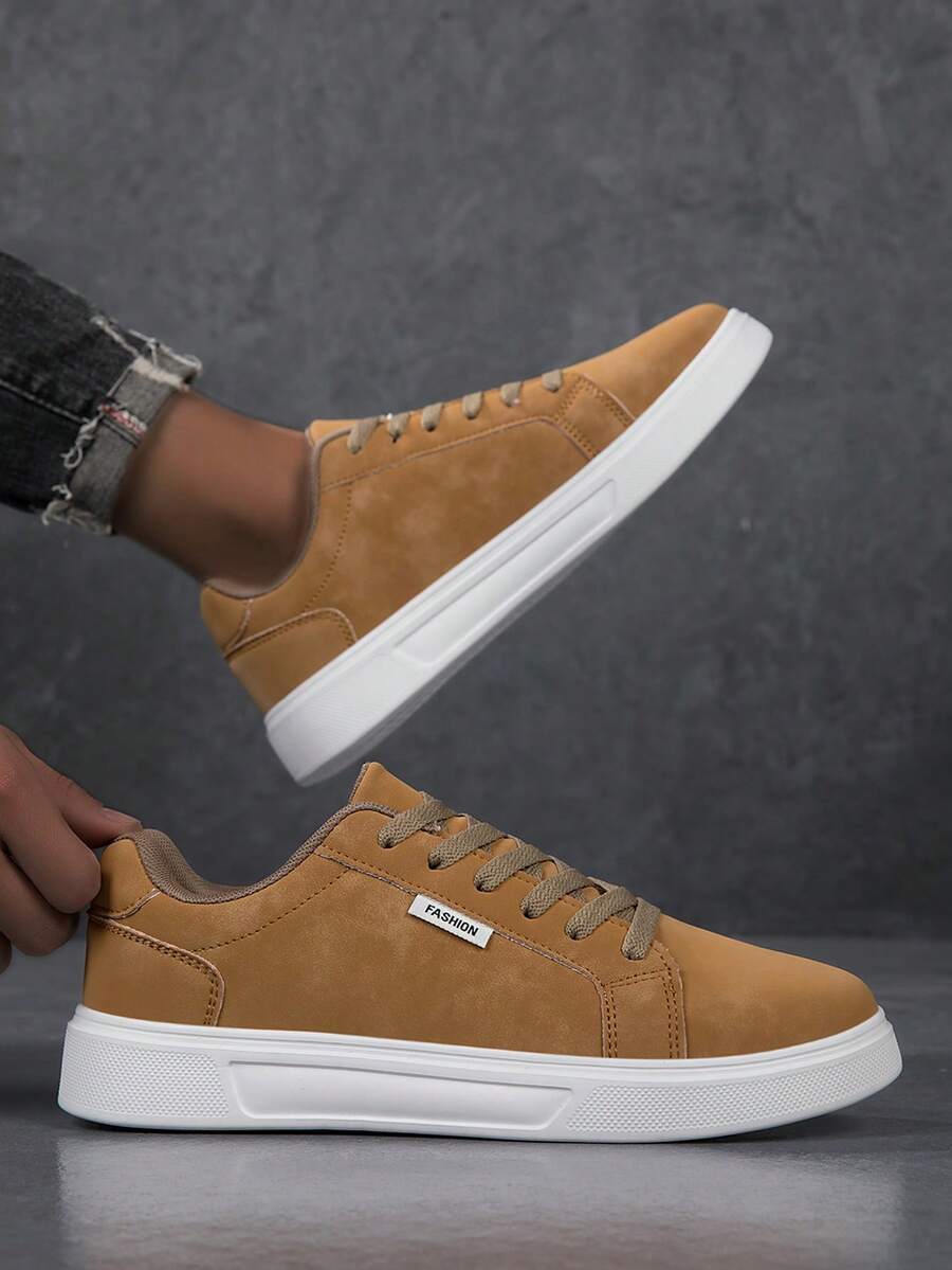 Men's Solid Color Lace-Up Low-Top Round Toe Minimalist Casual Sneakers For Daily Wear - Brown - View 1