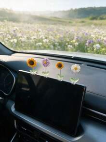 Cute Spring Swaying Flower Car Dashboard Ornament, Sunflower Daisy Purple Chrysanthemum Shaking Decoration, Adhesive Center Console Screen Top Car Interior Decor - A - View 2