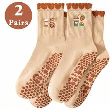 1/2/3/6 Pares de Meias de Cano Médio Antiderrapantes para Pilates e Yoga Femininas, com Bordado de Abóbora Cartoon, Punho Franzido e Aderência de Silicone, Meias Esportivas para Dança, Corrida e Balé, Presente Ideal para o Halloween - Multicolorido - Visão 7