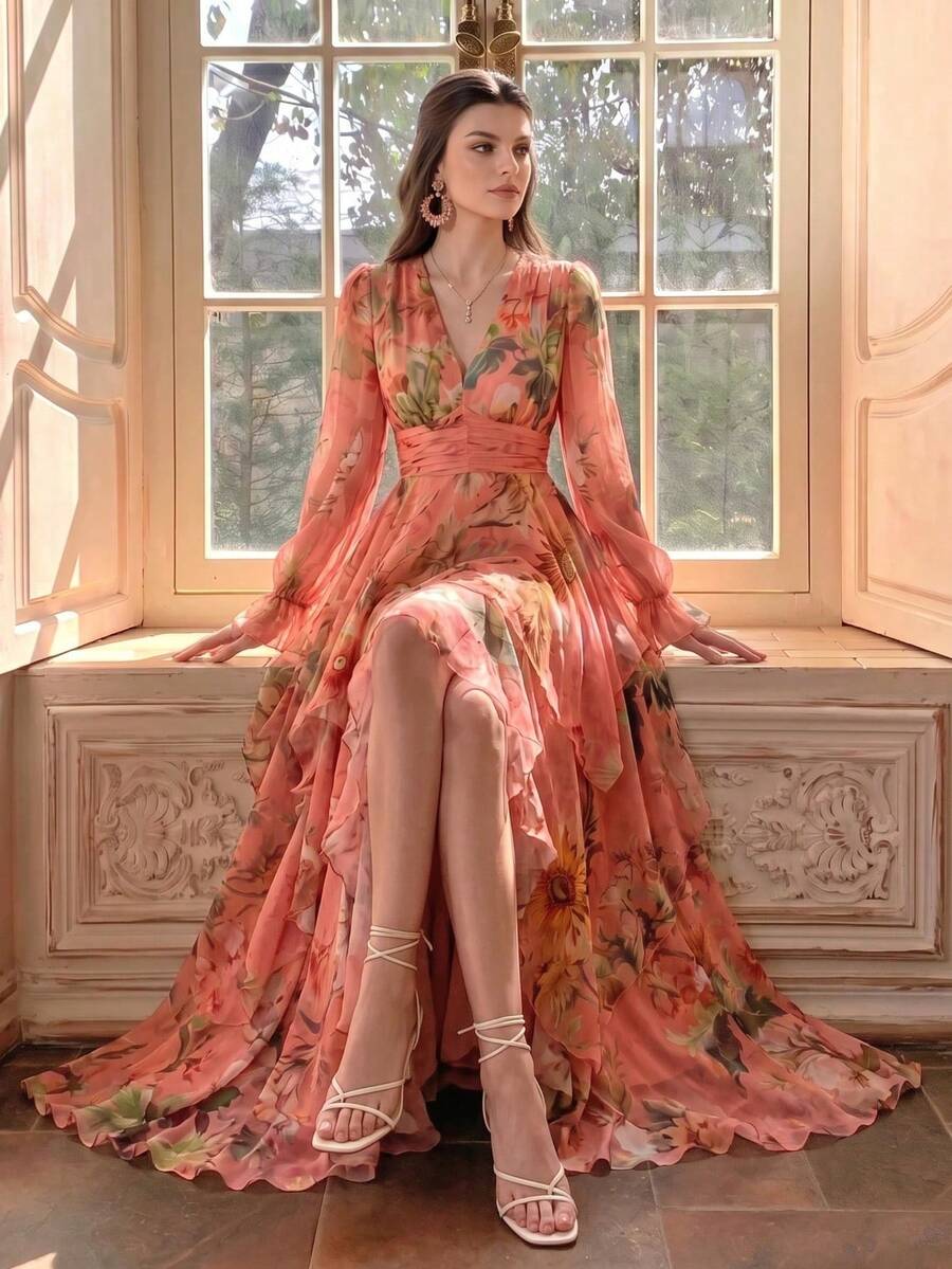 Elegant Women's New Floral Long Sleeve Multi-Layer Patchwork Design Dress, All-Over Flower & Leaf Print, Zipper Closure Vacation - Coral Orange - View 1