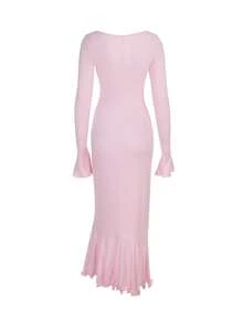 Autumn Solid Color Round Neck Ruffle Long Sleeve Dress Elegant Dress Party Date Casual - Pink - View 7