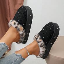 Leopard Print Faux Fur Trim Closed Toe Slippers For Women, Autumn/Winter Outdoor Wear, Starry Rhinestone Thick Sole Thermal Lined Warm Slippers - Black - View 2