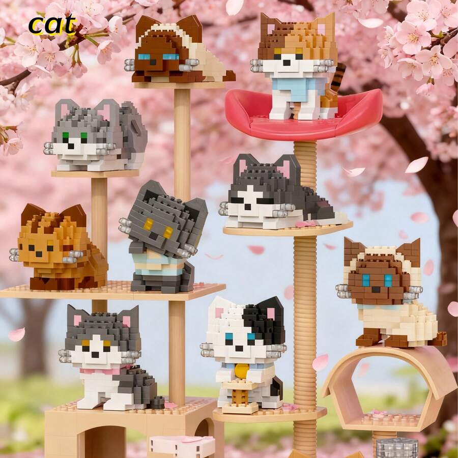 12pcs Micro Particle Cute Cat Desktop Decor/ABS Material/Finger Tip Cute Toy! Mini Cat Building Blocks, Heal Your Desk Time/Office/Desk Essential! Mini Cat Building Blocks, Stress Relief & Versatile/Suitable As Warm Gift For Family, Friends, Couples - Multicolor - View 1