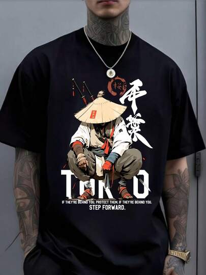 Men's Premium Soft Cotton T-Shirt Tokyo Samurai Warrior Graphic Tee With Samurai Print, Round Neck Short Sleeve Shirt Suitable For Summer Festivals