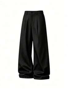 Men's Casual Business Style Wide Leg Trousers Fashionable Streetwear Striped Long Pants - Black - View 5