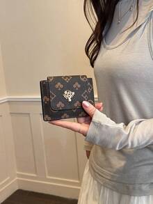 1個女款棕色印花短款經典復古時尚扭鎖零錢包，多功能極簡手提包 - 咖啡 - 查看 3