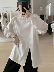 Korean Minimalist Style Solid Color Split Hem Long Sleeve T-Shirt Women Loose Fit Casual Layering Base Layer - White - View 3