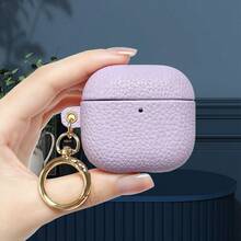 Premium Litchi Texture Faux Leather Earphone Case, For AirPods5 Full Coverage Protective Earphone Cover, With Gold Metal Keychain, Luxury Hard Shell, Suitable For AirPodsPro3 All Series - Multicolor - View 12