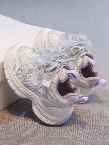 1 Pair Girls' Taro Purple Mesh Chunky Sneakers With Rhinestone Butterfly Decor, Thick Sole, Soft Bottom, Non-Slip, Breathable Casual Sports Sneakers - Purple - View 3