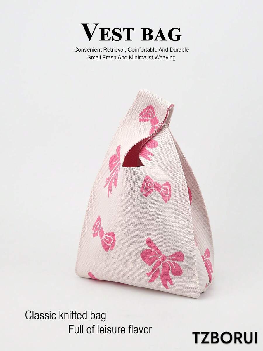 Mini Lightweight Foldable Cute Pink Resin Hollow Breathable Contrast Color Knitted Handbag Wrist Bag Crochet Vacation Outfit Photo Student School Girls - Pink - View 1
