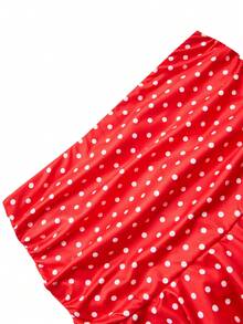 Women's Red & White Polka Dot Backless Spaghetti Strap Deep V-Neck Cutout Waist Pleated Short Top + Mini Skirt 2 Pieces Set - Red - View 8