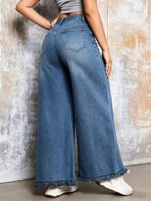Women's Wide Leg Jeans Solid Color Washed Mid-Stretch Woven Fabric Fringed Hem Casual Fall - Light Wash - View 3