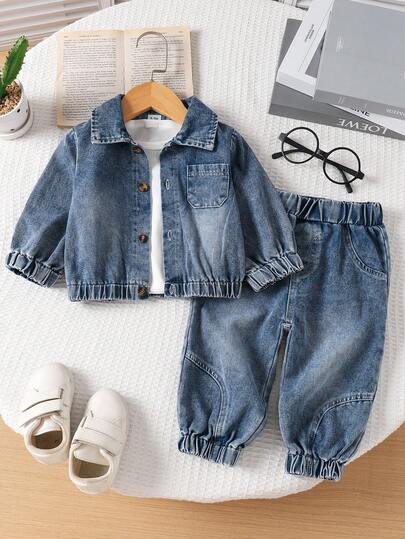 2pcs/Set Baby Boy Blue Casual Cargo Style Style Pocket Decor Small Lapel Long Sleeve Jacket And Elastic Cuff Long Pants, Autumn