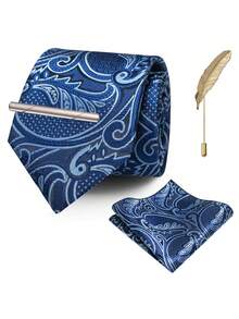 4‑Pcs Men Paisley Pattern Neck Tie Set, Jacquard Woven Necktie, Pocket Square, Tie Clip, Feather Lapel Pin For Wedding Business Formal Occasion - Multicolor - View 11