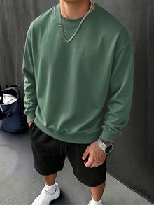 Minimalist Solid Color Sweatshirt For Men, 240g Pure Cotton Round Neck, Soft Long Sleeve Casual Daily Pullover - 綠色3 - 查看 10
