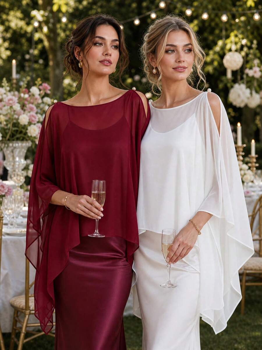 1pc Women's Elegant Chiffon Cold Shoulder Shawl, Autumn Style, 2026 New Autumn Fashion, Women's Wedding Accessory - Multicolor - View 1