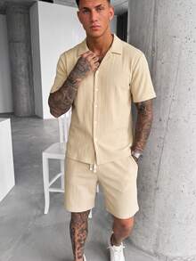 YUNCHIC Men's Vertical Ribbed Texture 2 Pieces Set, Cuban Collar Short Sleeve Button-Up Shirt And Drawstring Shorts Outfit, Summer Casual Vacation Sportswear - Khaki - View 2