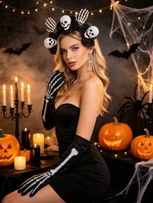 1 Set Halloween Ghost Bride Costume, Includes Skull Headpiece, Skeleton Gloves, Earrings, Halloween Decorations, Party Props And Photo Props - Multicolor - View 5