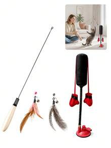 7Alas 4-Piece Interactive Cat Teaser Wand Set With Detachable Bell Feather Replacements, Cat Boxing Glove, 50cm Spring Buffer Wooden Handle, Kitten Indoor Hunting Exercise Toy - Multicolor - View 1