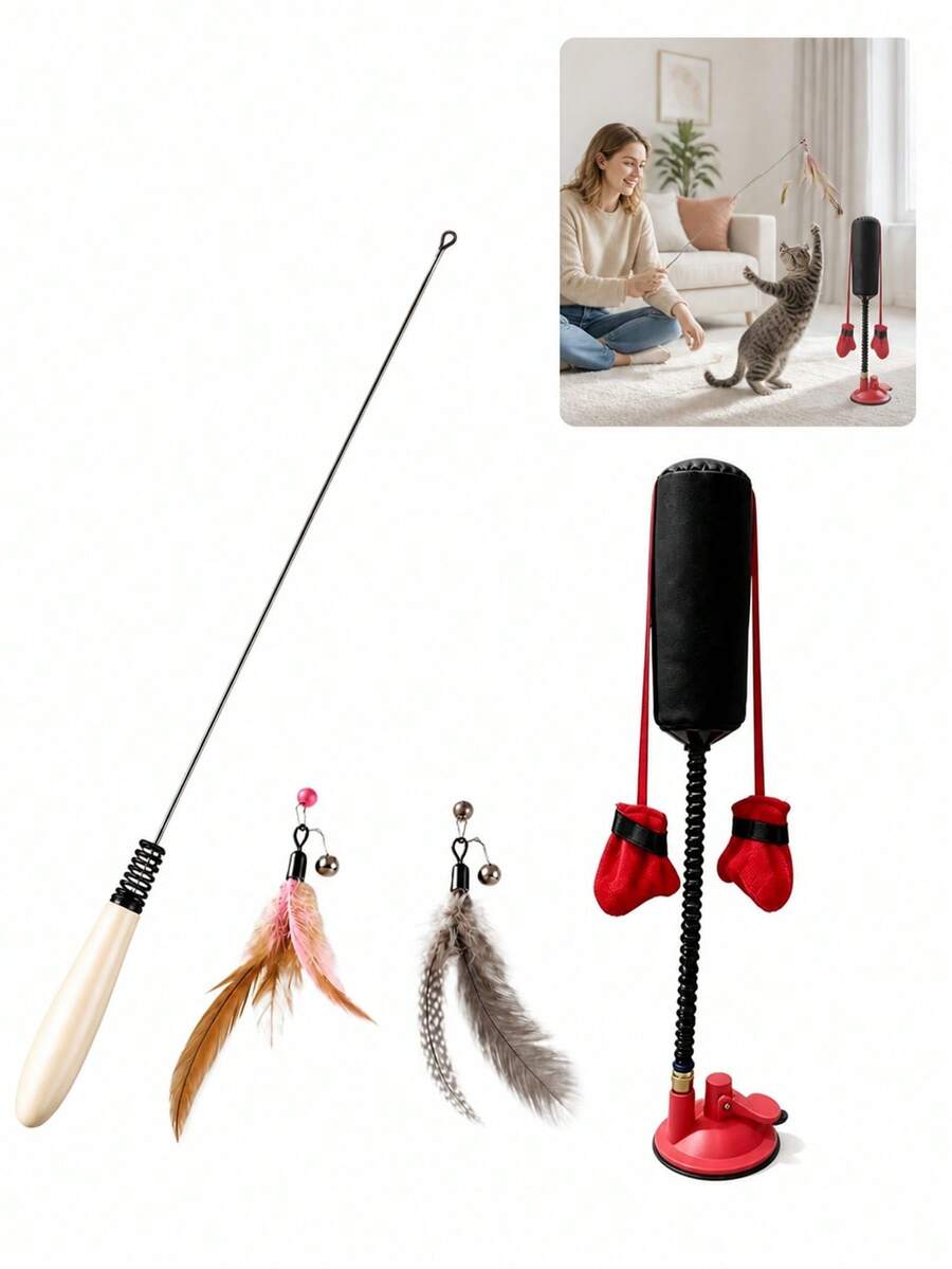7Alas 4-Piece Interactive Cat Teaser Wand Set With Detachable Bell Feather Replacements, Cat Boxing Glove, 50cm Spring Buffer Wooden Handle, Kitten Indoor Hunting Exercise Toy - Multicolor - View 1