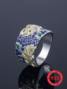 1 pièce Bague fleurie luxueuse en argent sterling S925 avec diamants colorés, entièrement sertie de zircone cubique bicolores, design large, bijou en argent élégant, convient pour un port quotidien, assortiment de styles, peut également être offert en cadeau à la petite amie ou à l'amie. Cadeau floral pour la petite amie ou l'amie. Boîte cadeau - Argent - Voir 3