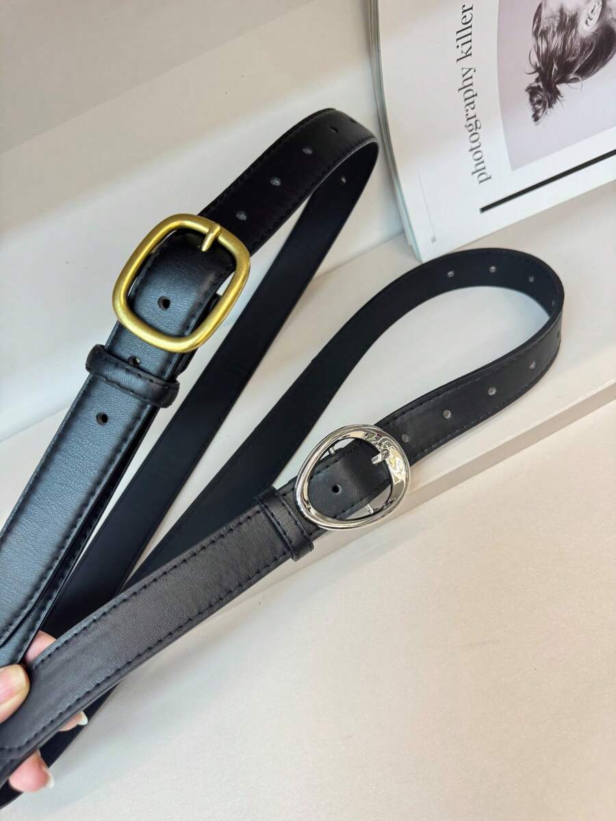 2件組極簡時尚休閒PU皮革裝飾腰帶 牛仔褲腰帶 - 黑色+橢圓扣頭黑色 - 查看 1