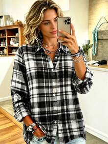 Back To School Casual Fashion Plaid Print Plus Size Lightweight Long Sleeve Blouse For Women Black - Black - View 1