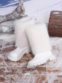 1 Pair Autumn/Winter New Fluffy Long Fur Decor Shiny Warm Comfortable Round Toe Back Zipper Design Mid-Calf Classic Kids Boots - White - View 6