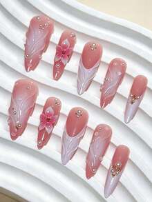 Unhas Postiças Stiletto Longas 3D Artesanais de Luxo com Florais Rosa Sorvete Francês, Unhas Falsas para Mulheres e Meninas - Rosa Bebê - Visão 3