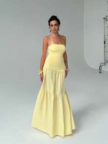 Women's Summer Yellow Sexy Solid Color Strapless A-Line Ruched Dress, Suitable For Valentine's Day Date, Graduation Season Party - Yellow - View 2