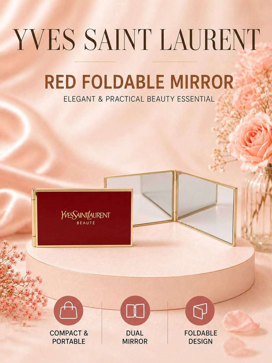 Cermin rias lipat YSL warna merah, 8,5*4,5cm, dijual satuan. Cermin dua sisi yang ringkas ini sangat cocok untuk bepergian dan merapikan riasan sehari-hari.