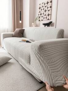 1pc Solid Color Jacquard Stretch Elastic Sofa Cover, Ins Style For All Seasons, Machine Washable, Pet Proof & Durable, Suitable For Living Room, Bedroom, Dining Room, Outdoor, Fits 1/2/3/4 Seater Sofa, Non-Slip Strips Included - Light Grey - View 1