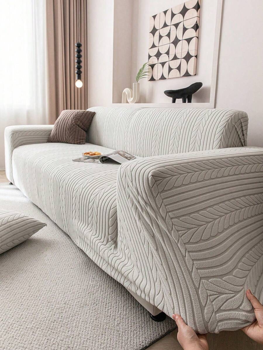 1pc Solid Color Jacquard Stretch Elastic Sofa Cover, Ins Style For All Seasons, Machine Washable, Pet Proof & Durable, Suitable For Living Room, Bedroom, Dining Room, Outdoor, Fits 1/2/3/4 Seater Sofa, Non-Slip Strips Included - Light Grey - View 1