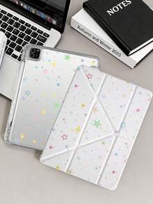 1pc Colorful Star Pattern Tablet Case Compatible With IPad Mini6/7/Air/Air2/9.7/10.2/10.5/10.9 (Air4-Air8)/Pro 11/10th Gen/A16/Pro 11 2024, Double-Sided Painted Design, Transparent Acrylic Back Shell, Silk Texture 8-Fold Stand, Auto Sleep/Wake, Built-In Pencil Slot, Pencil Not Included, Some Models With Camera Frame - Multicolor - View 3