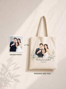 Tas Tote Potret Foto Kustom, Nama dan Tanggal yang Dipersonalisasi, Tas Bahu Seni Cat Air, Hadiah Sentimental untuk Pasangan, Ulang Tahun Pernikahan, dan Penggunaan Sehari-hari - MultiWarna - View 4