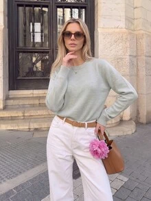 Nicenter Sweater Rajut Lengan Panjang Raglan Leher Bulat Wanita, Atasan Rajut Campuran Wol, Pakaian Musim Gugur Kasual Elegan Warna Mint, Pakaian Musim Dingin untuk Perjalanan Sehari-hari dan Pesta. - Baby Blue - View 3