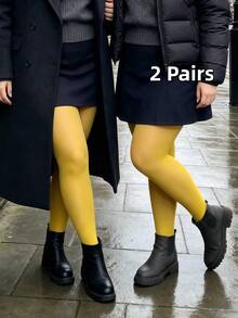 1/2Pcs New Shiny Glossy Pantyhose, Breathable True Seamless Tights, Plus Size Widened Basic Stockings, Fashion Women Outfits Perfectly Match Dresses - Yellow - View 5