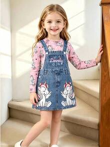 Girls Unicorn Graphic Print Round Neck Knitted Long Sleeve Casual Dress, Lightweight Spring/Autumn Party Gift Outfit - Pink - View 4