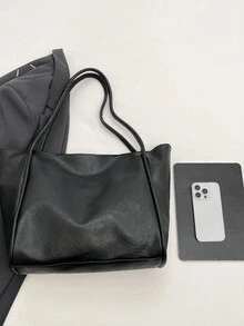 歐美風做舊皺褶托特包，大容量開口手提包兼肩背包，適合通勤、上學、休閒穿搭 - 黑色 - 查看 11