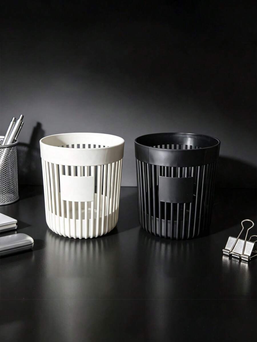 1pc Round Hollow Vertical Stripe Plastic Pen Holder, Minimalist Desktop Stationery Storage Organizer, Student Office Miscellaneous Items Storage Basket, Chopstick Holder, Back To School Essential - Multicolor - View 1