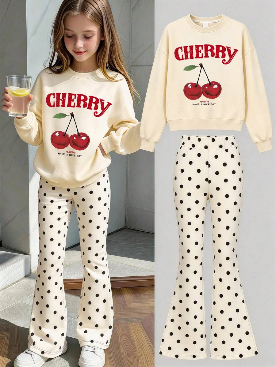 2 Pieces Outfit Set For Tween Girls, Including 1 Apricot Crew Neck Sweatshirt And 1 All-Over Polka Dot Flare Pants, Featuring Creative Cherry Pattern, Minimalist Casual Style - Apricot - View 1