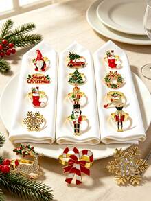 12pcs/Set Christmas Theme Napkin Rings, Christmas Series Mixed Metal Napkin Buckles Table Decor With Santa Claus, Christmas Stocking, Merry Christmas, Christmas Wreath, Candy Cane, Christmas Tree, Nutcracker, Christmas Reindeer, Snowflake, Suitable For Christmas Party Table Atmosphere Decoration - Multicolor - View 12
