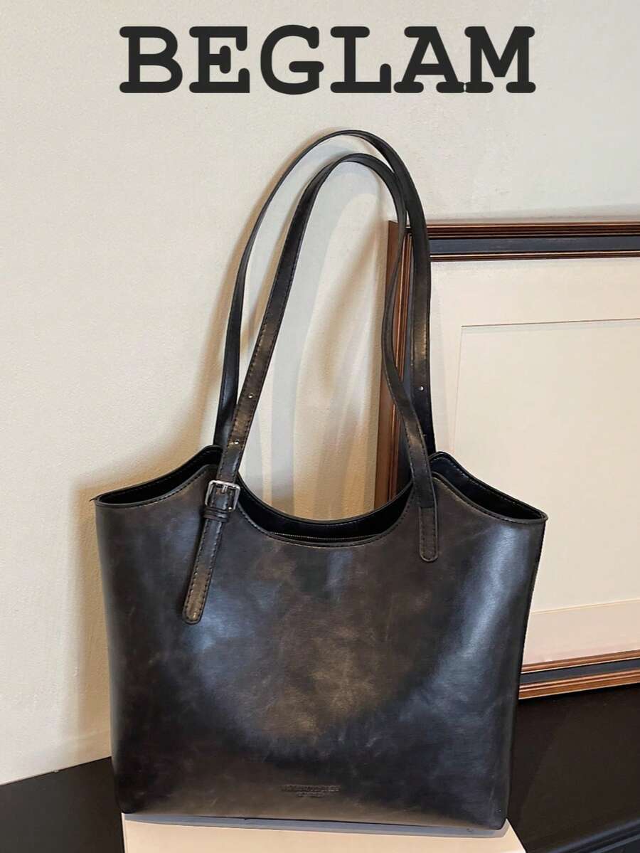 Sac fourre-tout à l'épaule vintage de couleur unie en PU, convient pour les femmes pour le shopping, les déplacements, l'utilisation quotidienne et les étudiants pour la rentrée scolaire - Noir - Voir 1