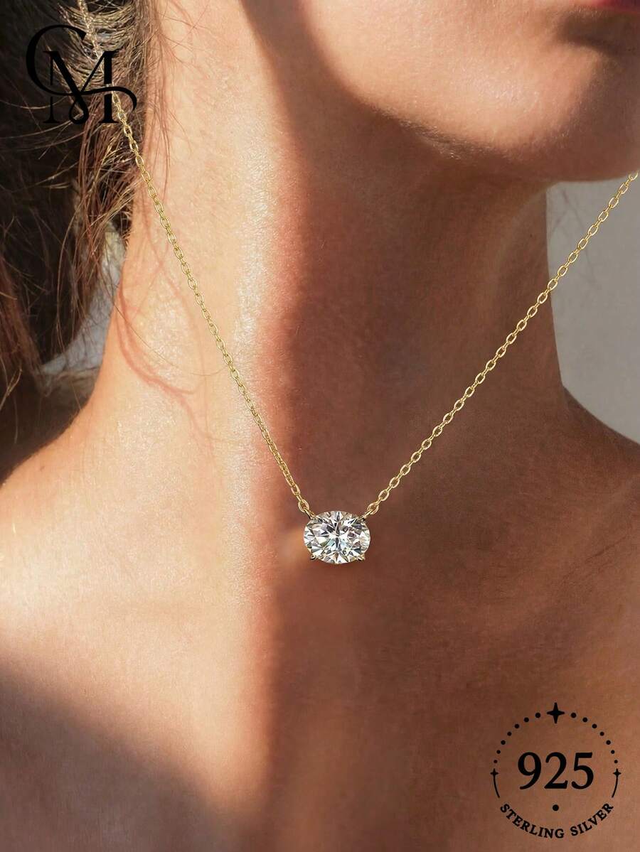 1件時尚925銀1/2/3克拉橢圓形女款項鍊,精緻珠寶禮品飾品,適合日常配戴與派對 - 橫向蛋形 - 查看 1