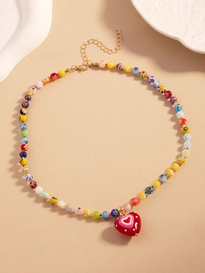 1 Colorful Dopamine Glass Heart-Shaped Pendant Necklace With Sweet, Cool And Style Bead Collarbone Chain